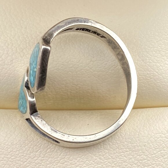 Vintage Sterling Silver Adjustable Ring Turquoise Chip Inlay Double Heart Love - Picture 3 of 12